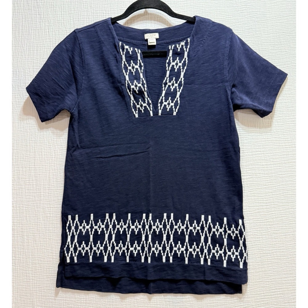 J. Crew Tunic Top Women's Blue V-neck Short Sleeves Geometric‎ Embroidery Casual